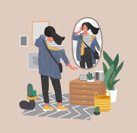 Cute young woman in casual trendy clothes looking at mirror in scandinavian interior. Concept of Feminine Self confidence, love and acceptance yourself. Attractive girl character reflection in mirrorのイラスト素材
