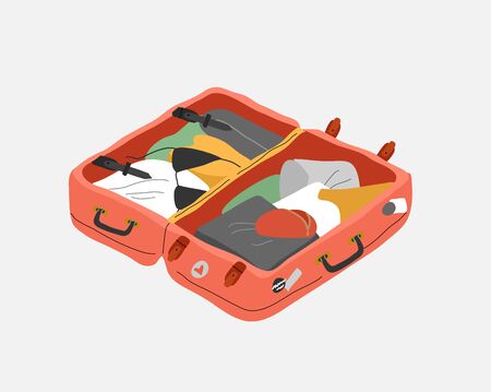 Vintage, retro luggage bag, open suitcase with packed travel stuff. Cosmetics case, clutch and clothes. Hand drawn trendy colorful isolated design element. Cartoon vector illustrationのイラスト素材