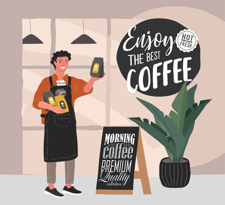 Coffee shop hand drawn collection . Cartoon man barista character standing next to stand with handwritten quote, near entrance to cafe and sells packaged coffee. Vector illustrationのイラスト素材