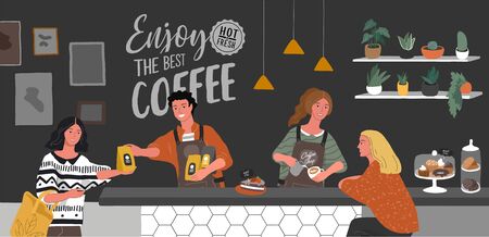 Coffee shop or cafe interior design and scene. Character of Girl barista make cappuccino art and happy cafe customer. Scandinavian style interior with houseplants and handwritten quote. Cartoon vectorのイラスト素材