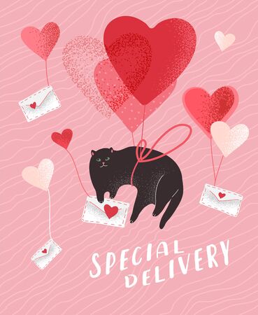 Special delivery. Cute cats in love. Romantic Valentines Day greeting card or poster. Kitten fly on balloon with envelope. Flyers, invitation, brochure. Vector design concept. Cartoonのイラスト素材