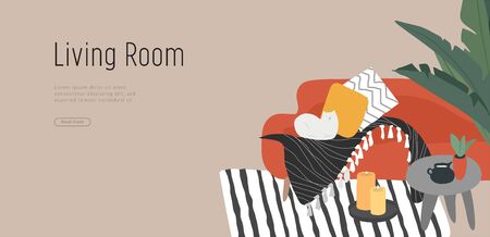 Landing page template with hand drawing Scandinavian style cozy living room with homeplants. Scandinavian or Nordic style interior. Cartoon vector illustrationのイラスト素材