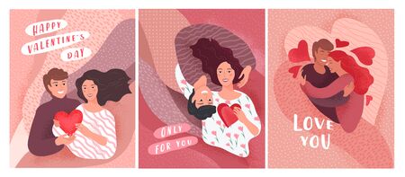 Love story of happy romantic couple relationship. Valentines Day cute greeting card or poster with hand lettering typography. Flyers, invitation, brochure. Vector design concept. Cartoonのイラスト素材
