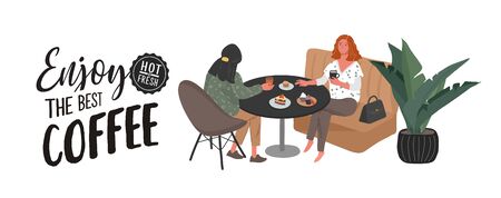 Coffee shop or cafe collection. Handwritten quote lettering and cafe client. Girlfriends sitting in cafe or bar eating sweets, drinking coffee and talking. Interior with homeplants. Cartoon vectorのイラスト素材