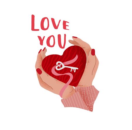 Love you. Romantic Valentines Day cute greeting card or poster. Female hands hold heart with key. Flyers, invitation, brochure. Vector design concept. Cartoonのイラスト素材