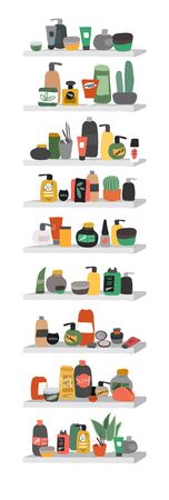 Collection of natural organic cosmetics products in bottles, jars, tubes for skin in trendy hand drawn style. Skincare routine set. Cartoon vector illustrationのイラスト素材