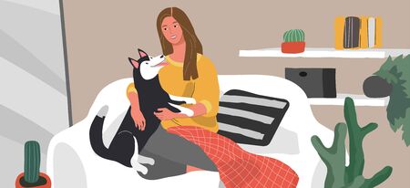Girl sitting and resting on the couch with husky dog. Daily life and everyday routine scene by young woman, happy pet owner in scandinavian style cozy interior. Cartoon vector illustration.のイラスト素材