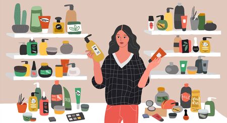 Cute young woman choosing natural cosmetics and eco products in store. Female shop assistant, cosmetic, skincare, makeup and beauty products buyer character. Cartoon vector illustrationのイラスト素材