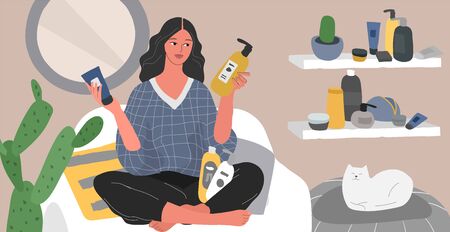Woman choice beauty products, sit in scandinavian home interior. Natural cosmetics, eco products choosing. Beauty blogger review cosmetics. Makeup, skincare, fashion. Cartoon vectorのイラスト素材