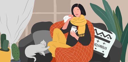 Girl caught a cold flu or virus on couch with cat and tea. Young woman is sick and cough at home scandinavian style cozy interior with houseplants. Cartoon vector illustrationのイラスト素材