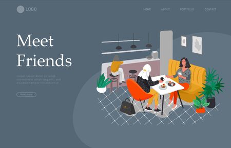 Landing page template with Girlfriends sitting in cafe or bar eating sweets, drinking coffee and talking. Daily life and everyday routine scene by young woman in scandinavian, style cozy interior. Cartoon vector illustration.のイラスト素材