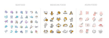 Vector icon  collection for asian, japan food seafood and mexican. Delivery food. Editable outline stroke size. Line flat contour, thin and linear design. Simple icons. Sign, symbol, element.のイラスト素材