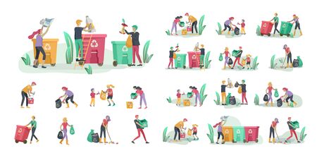 people and children Recycle Sort organic Garbage in different container for Separation to Reduce Environment Pollution. Family with kids collect garbage. Environmental day vector cartoon illustrationのイラスト素材