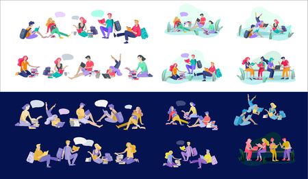 Set of happy relaxed learning and reading people outdoor park for online education, training and courses. Modern vector illustration concept, cartoon charactersのイラスト素材