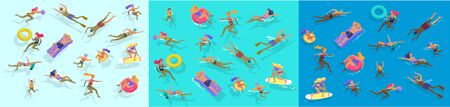 People family and children in sea, pool or ocean performing activities. Men or women swimming in...