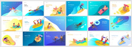 landing page set with People family and children in sea, pool or ocean performing activities. Men or women swimming in swimwear, diving, surfing, lying on floating air mattress, playing ball.のイラスト素材