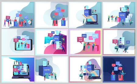Voting and Election concept. Pre-election campaign. Promotion and advertising of candidate. Citizens debating candidates for voting and voting Online voting and election concept with people.のイラスト素材