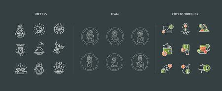 Vector icon and logo business people character avatars, creative team, bitcoin and cryptocurrency and success. Editable outline stroke size. Line flat contour, thin and linear design. Sign, symbol.のイラスト素材
