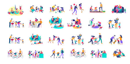 Collection of family hobby activities . Mother, father and children teach daughter to ride bike, play with dog corgi, read book and teach child, gardening and plant sprouts. Cartoon illustrationのイラスト素材