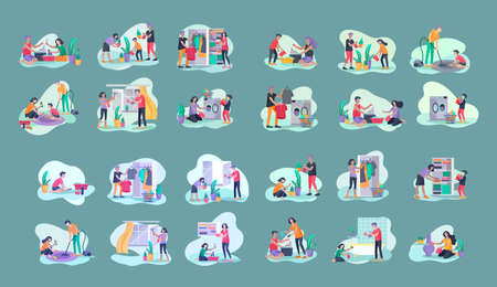 Scenes with family doing housework, kids helping parents with home cleaning, washing dishes, fold clothes, cleaning window, carpet and floor, wipe dust, water flower. Vector illustration cartoon styleのイラスト素材
