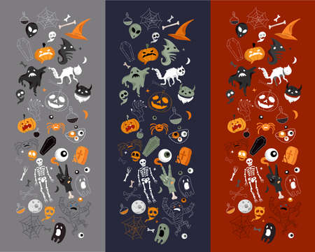 Vector icon and element collection for Halloween greeting card and poster, party sign. Concept illustration with Sign and symbol. Flat design cartoon element.のイラスト素材