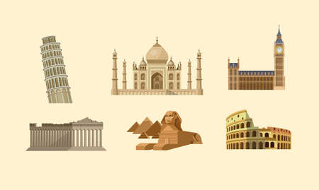 Famous World landmarks collection. Detailed vector illustrations of Taj Mahal, Leaning Tower, Big Ben, Parthenon, Egyptian Sphinx and Pyramidsのイラスト素材