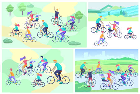 People riding bicycles, man waving his hand, mother riding bicycles with child. People cycling outdoor activities concept at park, healty life style. Cartoon illustrationのイラスト素材