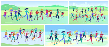 People Marathon Running Sport race sprint, concept illustration running men and women wearing sportswer in landscape. Jogging at Training. Healthy Active Speed Exercise. Cartoon Vector Illustrationのイラスト素材