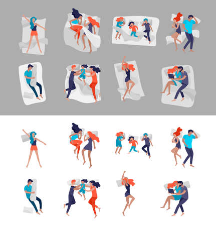 Collection of sleeping people character. Family with child are sleep in bed together and alone in various poses, different postures during night slumber. Top view. Colorful vectorのイラスト素材