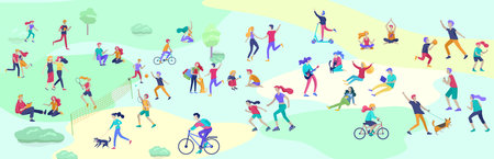People Spending Time, Relaxing on Nature, family and children performing sports outdoor activities at park, walking dog, doing yoga, riding bicycles, tennis workout. Cartoon vectorのイラスト素材