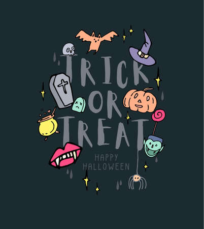 Vector icon and element collection for Helloween greeting card and poster, party sign. Concept illustration with Sign and symbol. Flat design cartoonのイラスト素材