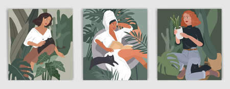 Feminine concept flyers. Happy cute girls resting with cat and home plants. Feminine Daily life by young woman concept. Fashion illustration by female beauty and mentalのイラスト素材