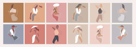 Feminine concept design template and illustration. Woman in minimal linear style Fashion illustration by femininity, beauty and modern art. Abstract poster and t-shirt print Vectorのイラスト素材