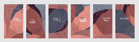 Set of abstract autumn backgrounds greeting cards and invitations. Banners with autumn hand drawn leaves and elementsのイラスト素材