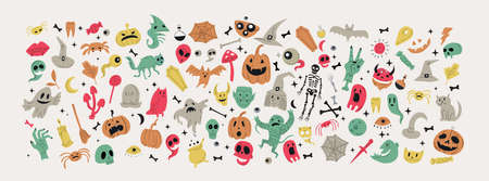 Vector icon and element collection for Halloween greeting card and poster, party sign. Concept...
