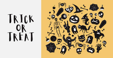 Vector icon and element collection for Halloween greeting card and poster, party sign. Concept illustration with Sign and symbol. Flat design cartoonのイラスト素材