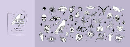 Set of boho hand drawn mystical magic set. Esoteric doodle elements and  icons with hands, raven dagger. Black outline style. Abstract vector illustrationのイラスト素材