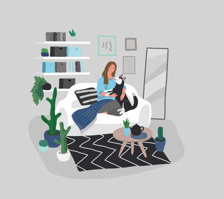 beautiful girl in daily life scenes. Young woman shopping, makes up, sleeping, relaxes, takes bath, chooses clothes, playing with cat, working, watering flower. Flat cartoon vectorのイラスト素材