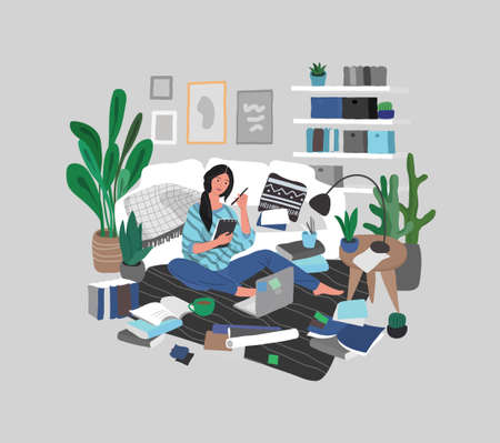beautiful girl in daily life scenes. Young woman relaxes and working. Flat cartoon vectorのイラスト素材