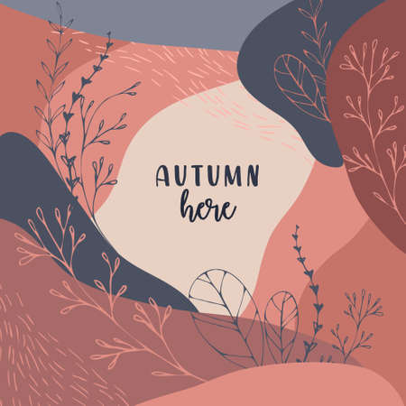 Abstract autumn backgrounds greeting cards and invitations. Banners with autumn hand drawn leaves and elementsのイラスト素材