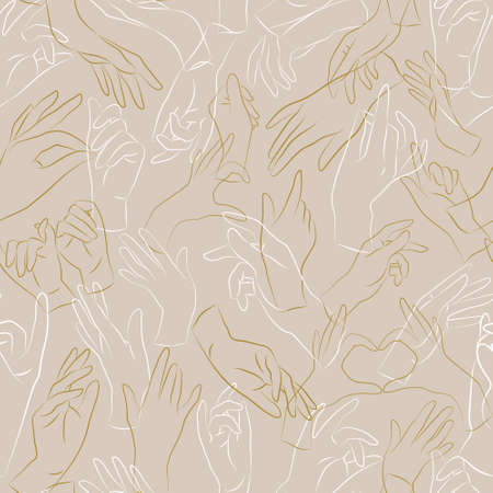 Vector seamless pattern. Vector female beauty hands silhouette. Editable outline stroke size. Line flat contour, thin and linear design. Simple icons. Concept illustration.のイラスト素材