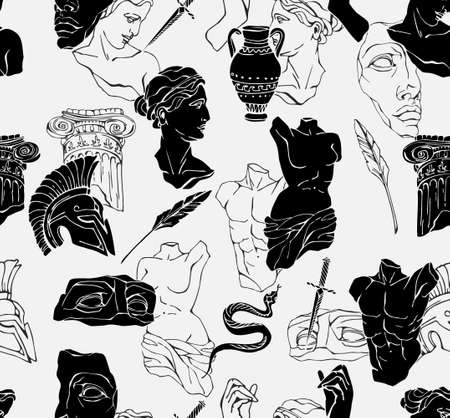 Vector seamless pattern with antique marble statues with broken elements. Greek classic ancient of Venus, amphora. Hand drawn mythical trendy vectorのイラスト素材