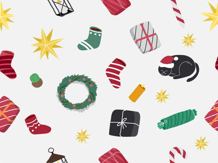 Christmas and New Year holiday vector seamless pattern. Cat in Santa hat, decoration gifts and...