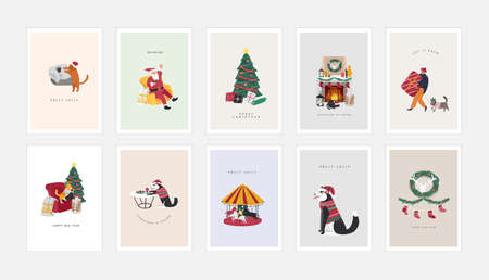 Set of poster for Christmas and New year congratulation. Winter holiday greeting cards with xmas decorations. decorations Cartoon vector hand drawnのイラスト素材