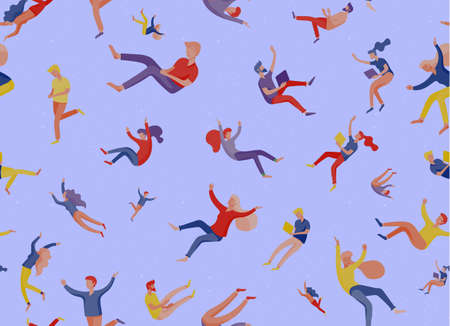Vector seamless pattern with inspired People flying in space and interacting with gadgets and papers. Characters set moving and floating in dreams, imagination and inspiration. Vectorのイラスト素材