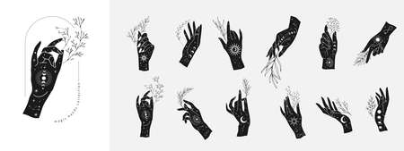 Spiritual esoteric magic logo or talisman with woman hands in silhouette style with stars, sacred geometry floral brunch. Alchemy mystic tattoo object logoのイラスト素材