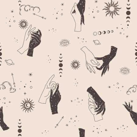 Spiritual esoteric magic logo or talisman with woman hands in silhouette style with stars, sacred geometry moon and sun. Alchemy mystic tattoo object logo template. Vectorのイラスト素材