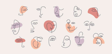 Minimal continuous one line faces set. Various Shapes and objects. Contemporary modern icons templates for posters, Social media. Vectorのイラスト素材
