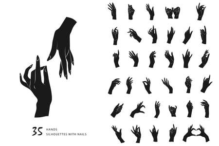 Set of Vector female beauty hands silhouette. Editable outline stroke size. Line flat contour, thin and linear design. Simple icons. Concept illustration.のイラスト素材