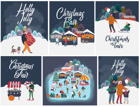 Landing page template with Christmas and New Year holiday elf portrait photo with big candy. Animator in christmas costume. Christmas winter fair. Cartoon vectorのイラスト素材